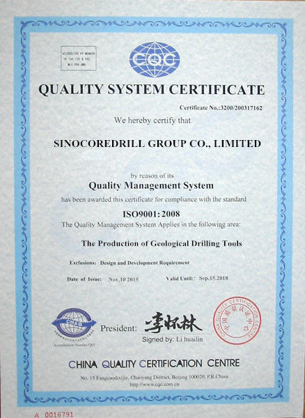 चीन Jiangsu Sinocoredrill Exploration Equipment Co., Ltd प्रमाणपत्र